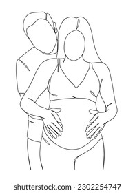 Continuous one line drawing of pregnant woman with husband. Vector illustration.