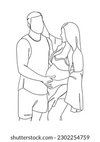 Continuous one line drawing of pregnant woman with husband. Vector illustration.
