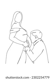 Kontinuierliche Zeichnung einer schwangeren Frau mit dem Ehemann. Vektorgrafik.