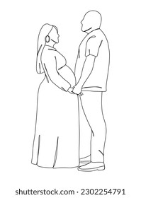 Dibujo continuo de una línea de la mujer embarazada con su marido. Ilustración vectorial.