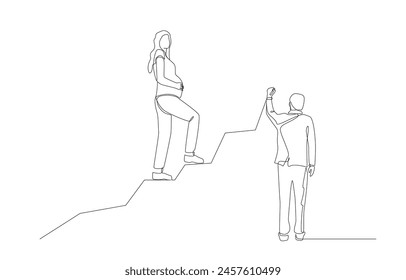Dibujo continuo de una línea de una mujer embarazada caminando en el gráfico de tendencia ascendente dibujado por el hombre de negocios, políticas gubernamentales para aumentar la tasa de fertilidad concepto, arte de una sola línea.