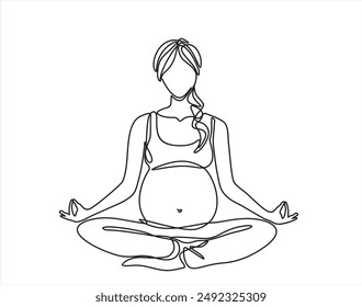 Dibujo continuo de una línea de una mujer embarazada sentada en posición de loto. Dibujo de línea continua de embarazo, maternidad, condición física, preparación para el parto, yoga para mujeres embarazadas.