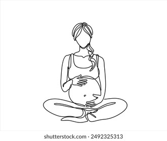 Dibujo continuo de una línea de una mujer embarazada sentada en posición de loto. Dibujo de línea continua de embarazo, maternidad, condición física, preparación para el parto, yoga para mujeres embarazadas.