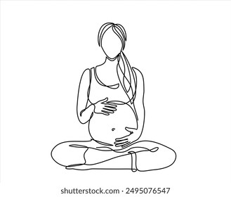 Continuous one line drawing of Pregnant woman sitting in lotus position. Continuous line drawing of pregnancy, motherhood, fitness, preparation for childbirth, yoga for pregnant women.