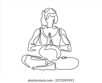 Continuous one line drawing of Pregnant woman sitting in lotus position. Continuous line drawing of pregnancy, motherhood, fitness, preparation for childbirth, yoga for pregnant women.