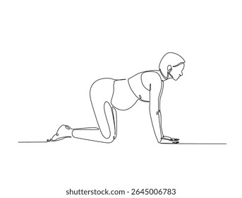 Continuous one line drawing of pregnant mother practicing yoga. Pregnant yoga outline illustration. Editable vector.
