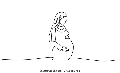 Continuous one line drawing of a pregnant Muslim woman with hijab holding her belly, a symbol of prenatal care.