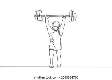 Continuous one line drawing prehistoric man as weightlifter lifting barbell. Young man from the stone age. man keeping fit by weight lifting. Single line draw design vector graphic illustration