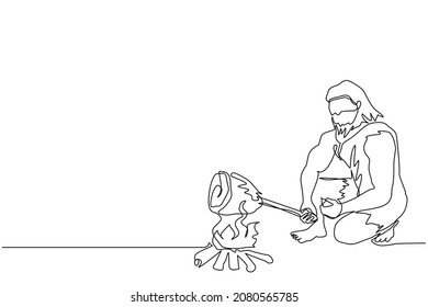 Continuous one line drawing prehistoric man sitting and cooking meat on bonfire. Caveman kneeling and cooking meat food on campfire. Ancient human. Single line draw design vector graphic illustration