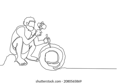 Continuous one line drawing prehistoric primitive people isometric composition with ancient human character trundling wheel made of stone. Caveman inventing the wheel. Single line draw design vector