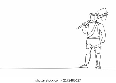 Continuo dibujo de una línea del hombre prehistórico sosteniendo hacha de piedra sobre los hombros. Cazador primitivo de cavernas de la edad de piedra en pelota de cuero animal con hacha de piedra. ilustración vectorial de diseño de línea única