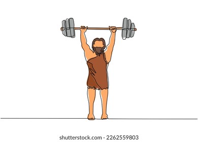 Continuous one line drawing prehistoric man as weightlifter lifting barbell  Young man from the stone age  man keeping fit by weight lifting  Single line draw design vector graphic illustration