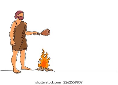 Continuous one line drawing prehistoric man standing and cooking meat on bonfire. Caveman stands and cooking meat food on campfire. Ancient, archaic human. Single line draw design vector illustration