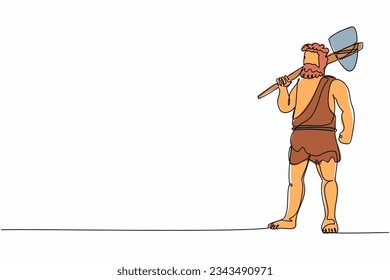 Continuo dibujo de una línea del hombre prehistórico sosteniendo hacha de piedra sobre los hombros. Cazador primitivo de cavernas de la edad de piedra en pelota de cuero animal con hacha de piedra. ilustración vectorial de diseño de línea única