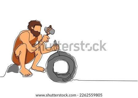 Continuous one line drawing prehistoric primitive people isometric composition with ancient human character trundling wheel made of stone. Caveman inventing the wheel. Single line draw design vector