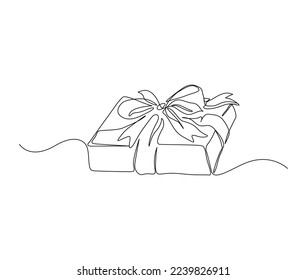 Continuous one line drawing of present box or gift box. Presents cardboard box with ribbon single line art vector design. Holiday, birthday , new year and thanksgiving concept.