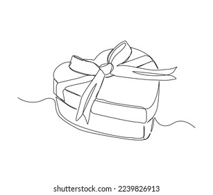 Continuous one line drawing present box shapped love heart  Presents cardboard box and ribbon single line art vector design  Holiday  birthday   new year   thanksgiving concept 