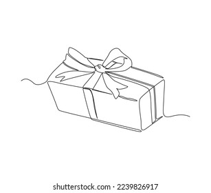 Continuous one line drawing of present box or gift box. Presents cardboard box with ribbon single line art vector design. Holiday, birthday , new year and thanksgiving concept.