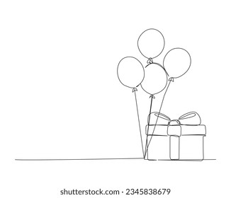 Continuous one line drawing of Present box with balloons. Present box with ribbon and bow outine vector illustration.  