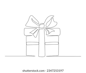 Continuous one line drawing of Present or gift box. Present box with ribbon and bow outine vector illustration.  