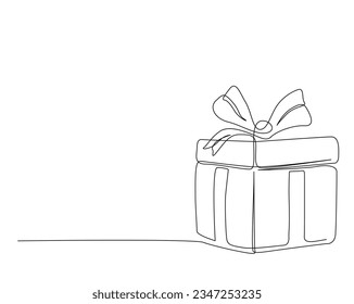 Continuous one line drawing of Present or gift box. Present box with ribbon and bow outine vector illustration.  