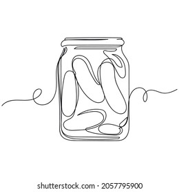 Continuous one line drawing of preserved pickled gherkins in silhouette on a white background. Linear stylized.