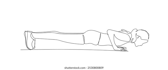 Continuous one line drawing Press ups, woman and outdoor with fitness, health and active for wellness and training. Person and athlete with challenge. Hand made vector not AI.