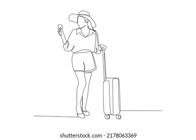 Continuous one line drawing pretty woman tourist preparing for travel standing and holding luggage. World tourism day concept. Single line draw design vector graphic illustration.