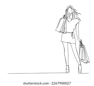 Continuous one line drawing of pretty woman and holding paper bags after shopping . Young woman holding shopping bags line art vector illustration.  