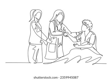 Continuous one line drawing pretty female doctor and nurse visit a patient who laying on bed in hospital and handshaking him to ask the condition. Single line draw design vector graphic illustration