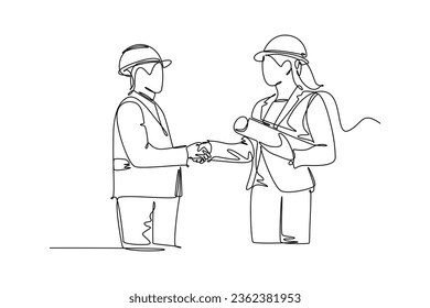 Continuous one line drawing pretty architect woman, builder foreman wearing construction vest, helmet shaking their hands together. Great teamwork. Single line draw design vector graphic illustration