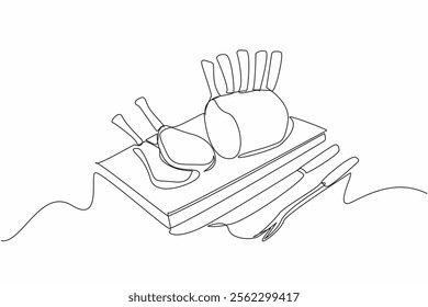 Continuous one line drawing prime rib with bones and 2 small slices on square wooden tray. Juicy meat near the bone. Very delicious. National Prime Rib Day. Single line draw design vector illustration