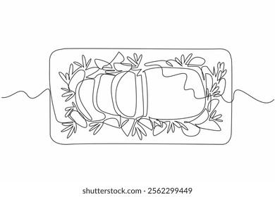 Continuous one line drawing prime rib and some cut into small slices and some fried potato wedges. High protein dish. Delicious. National Prime Rib Day. Single line draw design vector illustration