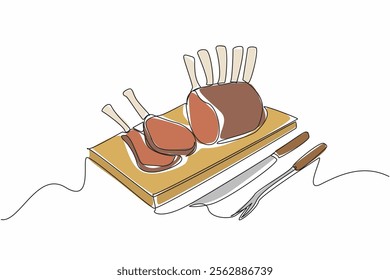 Continuous one line drawing prime rib with bones and 2 small slices on square wooden tray. Juicy meat near the bone. Very delicious. National Prime Rib Day. Single line draw design vector illustration