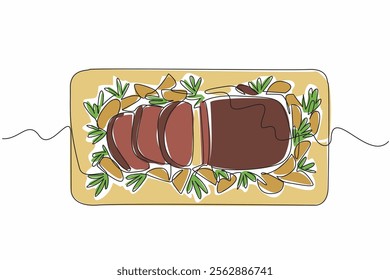 Continuous one line drawing prime rib and some cut into small slices and some fried potato wedges. High protein dish. Delicious. National Prime Rib Day. Single line draw design vector illustration