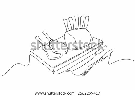 Continuous one line drawing prime rib with bones and 2 small slices on square wooden tray. Juicy meat near the bone. Very delicious. National Prime Rib Day. Single line draw design vector illustration