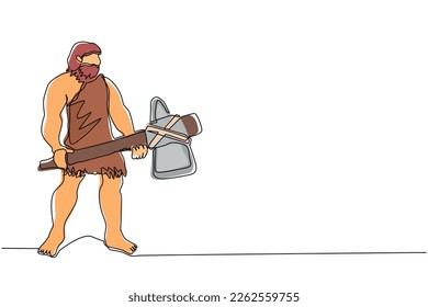 Kontinuierlich eine Linie zeichnen primitiven archaischen Mann mit Kleidung aus Tierhaut und mit großer Steinaxt. Früher Mensch, Caveman, Krieger oder Jäger aus der Steinzeit. Einzeilige Zeichentechnik