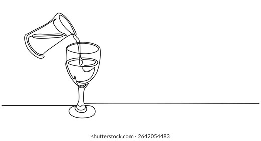 Continuous One line drawing process of pouring champagne into a glasses, Continuous one line drawing of abstract pouring wine into the wine glass. simple wine glass line art vector illustration.