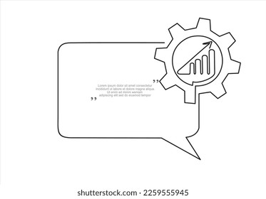 Continuous one line drawing of Productivity bar chart inside gear and speech bubble. Trendy line art vector on a white background. Vector illustration.