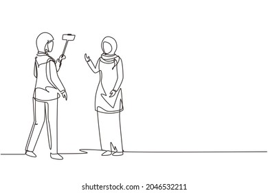 Continuous one line drawing professional shooting team record video interview for vlog with smartphone, monopod stick. Arab woman journalist as news anchor. Single line draw design vector illustration