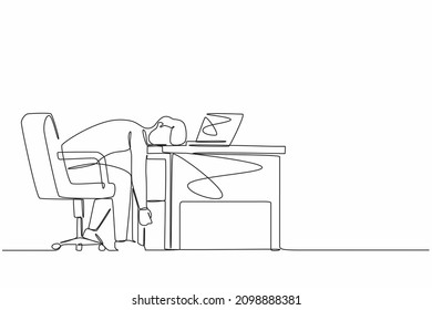 Continuous one line drawing professional burnout syndrome. Exhausted sick tired male manager in office sad boring sitting with head down on laptop. Single line draw design vector graphic illustration