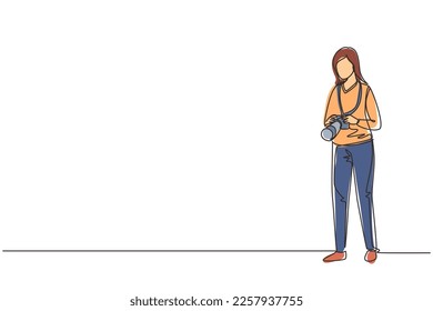 Continuous one line drawing professional girl photographer, people holding camera. Pictures made by employees, photographs by cameraman. Woman experts job. Single line draw design vector illustration