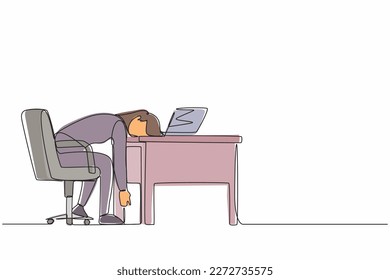 Síndrome de quemazón profesional de dibujo continuo de una línea. Exhausto y cansada mujer gerente en la oficina triste aburrida sentada con la cabeza en la laptop. Ilustración gráfica vectorial de diseño de línea única
