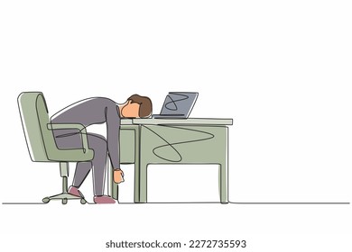 Continuous one line drawing professional burnout syndrome. Exhausted sick tired male manager in office sad boring sitting with head down on laptop. Single line draw design vector graphic illustration