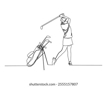 Continuous one line drawing of professional golfer and golf bag. Golf sport single line illustration. Editable vector. 