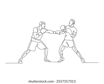 Continuous one line drawing of professional boxing player combat . Two Kingboxing man doing combat training in single line draw vector illustration. Editable line vector. 
