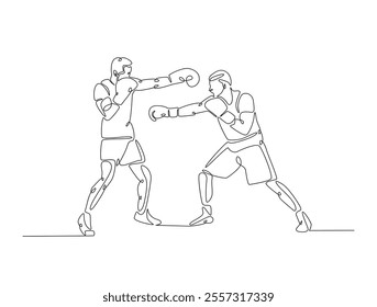 Continuous one line drawing of professional boxing player combat . Two Kingboxing man doing combat training in single line draw vector illustration. Editable line vector. 
