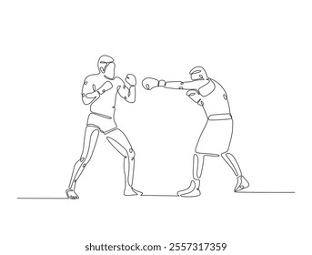 Continuous one line drawing of professional boxing player combat . Two Kingboxing man doing combat training in single line draw vector illustration. Editable line vector. 
