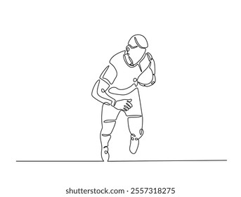 Continuous one line drawing of professional rugby player running with the ball. Rugby sport game. Editable line vector. 
