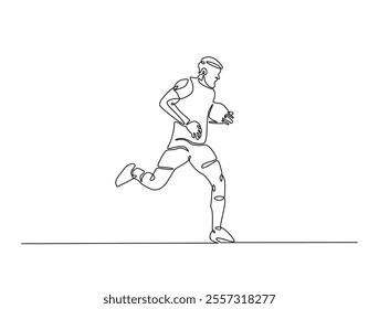 Continuous one line drawing of professional rugby player running with the ball. Rugby sport game. Editable line vector. 
